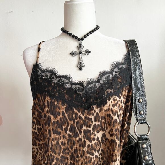 Leopard Lace Trim Top, Y2K Grunge Edgy Indie‎ Sleaze Retro XL - Picture 2 of 6